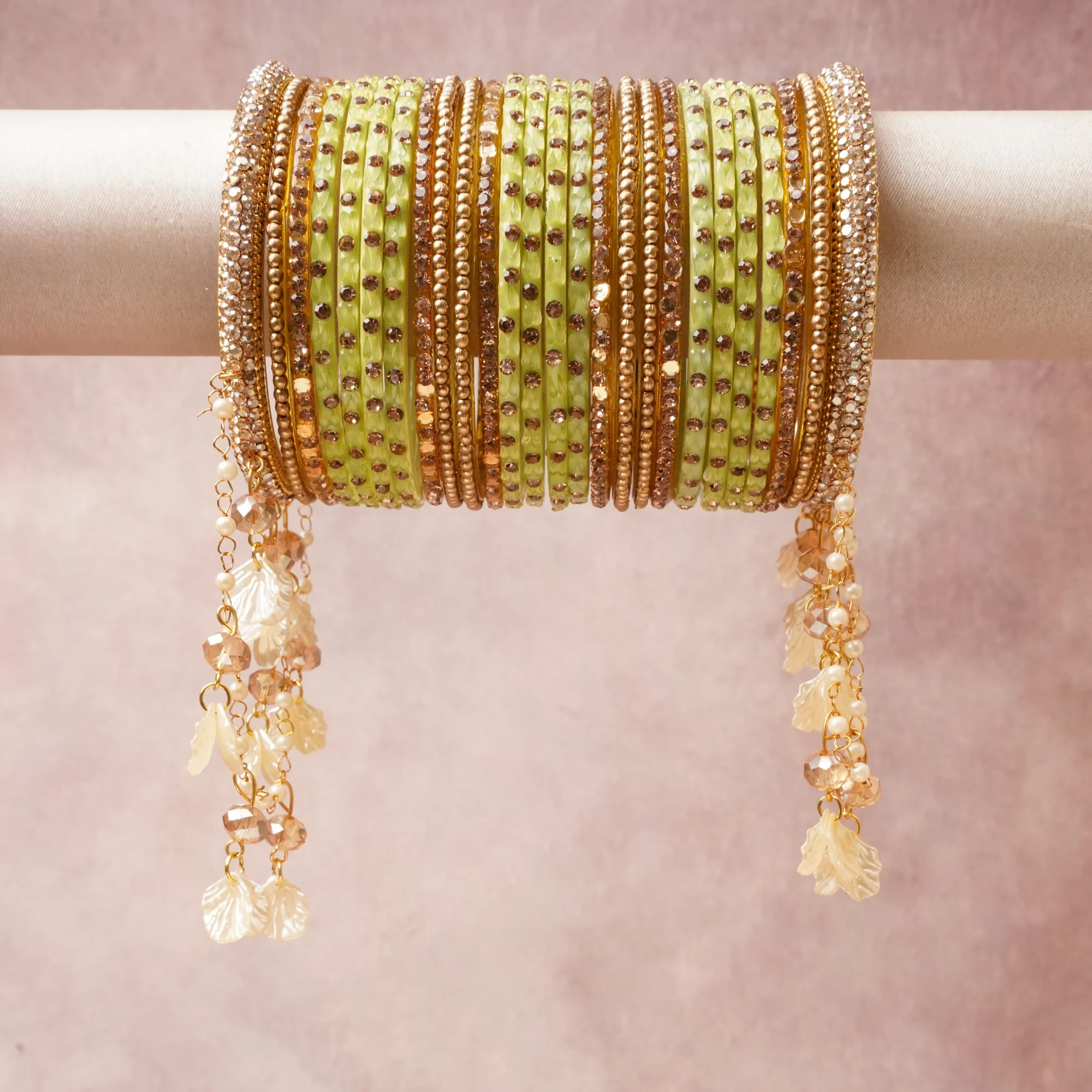 A commanding Green anchors this beautiful set, enriched with accents of Polished Gold, Champagne Rhinestone, Warm Gold, Clear Crystal, Champagne Crystal that add depth and dimension.

Featuring a striking composition of Glass, Gold-plated Brass, Crystal, Mother-of-Pearl, Faux Pearl, this set carries intricate craftsmanship and strong presence. Grand in form, it is created for moments that deserve to be marked.